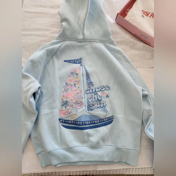 πβ΅οΈNew Pink Palm puff Chase the Sun Relaxed Hoodie in Sky Blue M - Picture 7 of 13